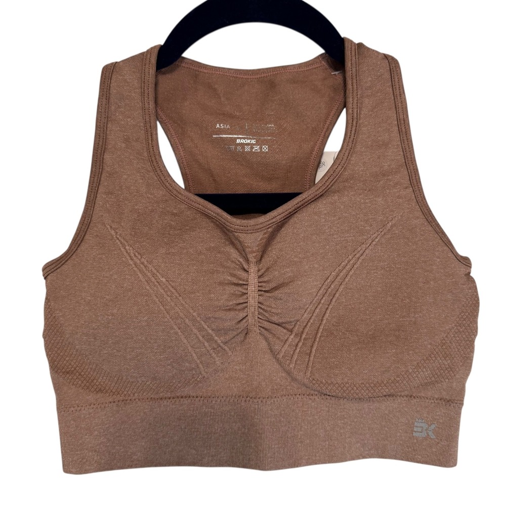Brokig Womens Seamless Racerback Sports Bra Brown‎ Ruched Front Size S New